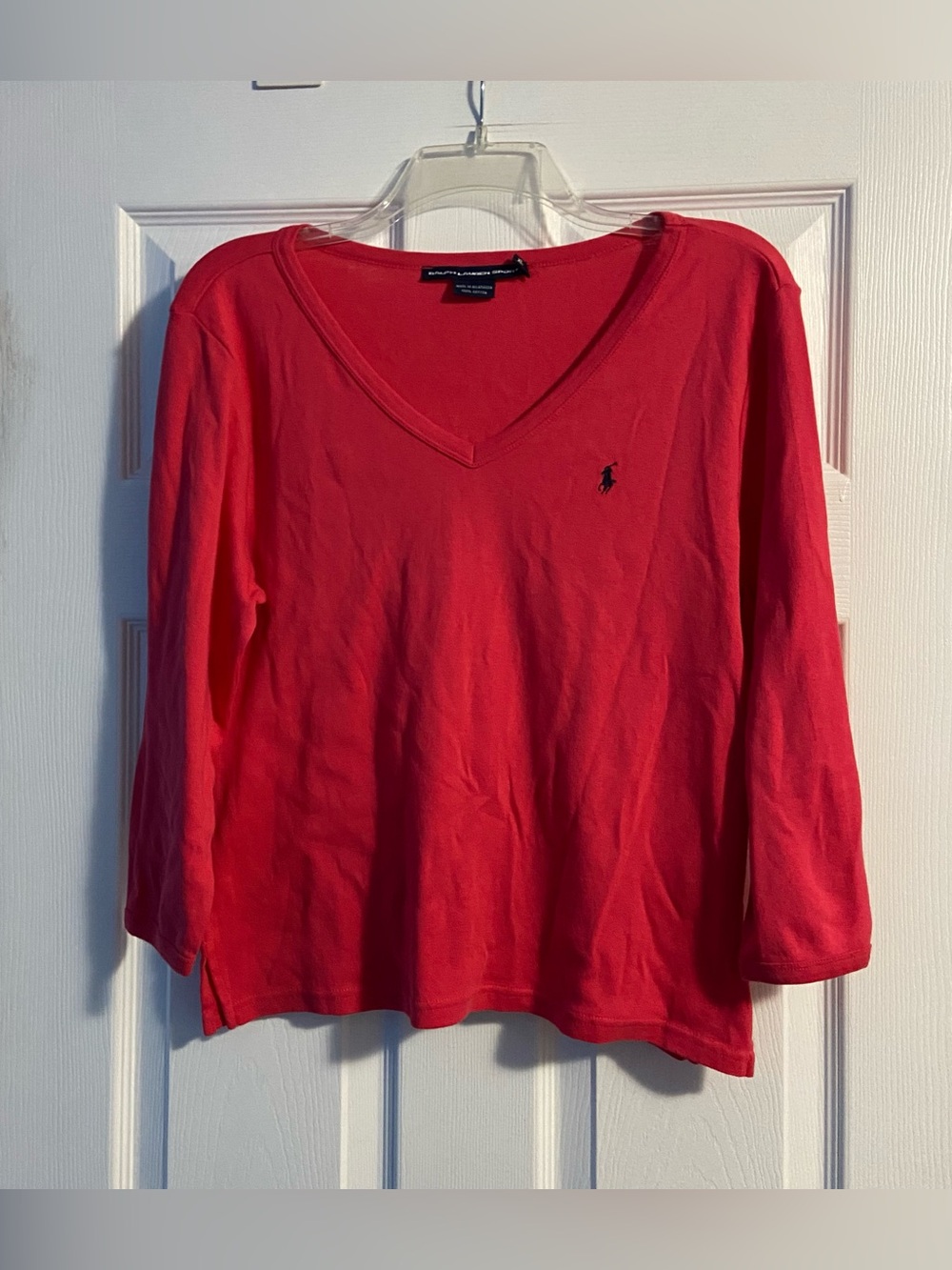 Ralph Lauren Sport Women's 3/4 Sleeve Coral Red V-Neck Top 100% Cotton Size XL